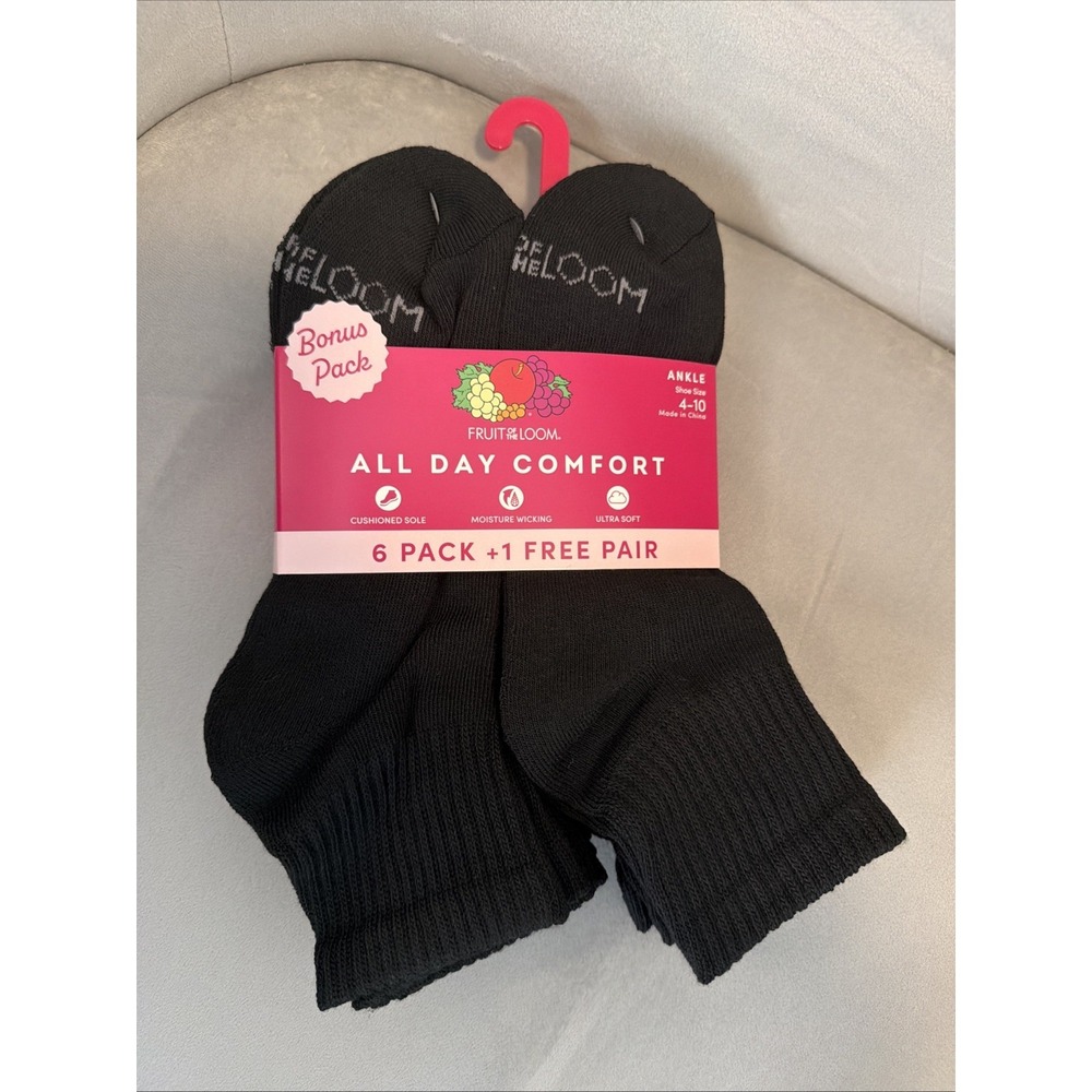 Fruit of the Loom All Day Comfort Crew Ankle Socks Women 4-10 Black 7 Pair New